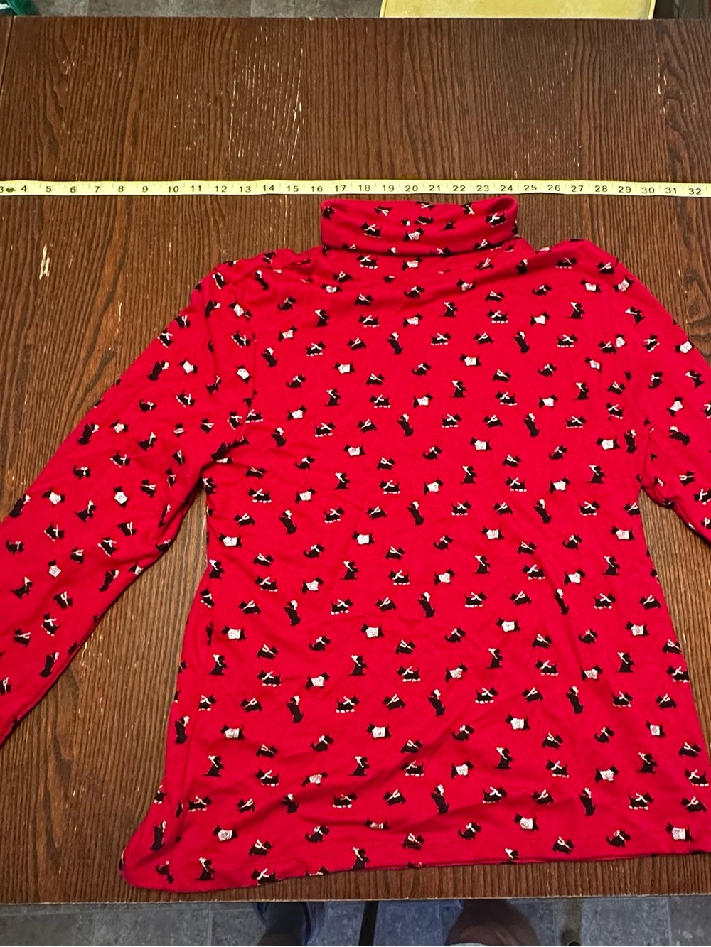 Karen Scott Red Turtleneck Long Sleeve Top with Black & White Dog Print